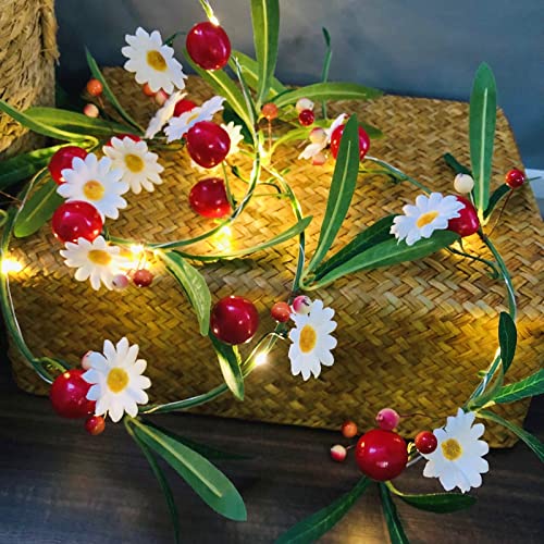 Riaxuebiy 2M 20 LED Kirschfee Lichterketten Grüne Blätter Beeren Weiße Blume Pilz Hängepflanze Weinrebe Girlande für Hausgarten Hochzeit Party Dekoration (Kirsche+Weiß Blume, 1) von Riaxuebiy