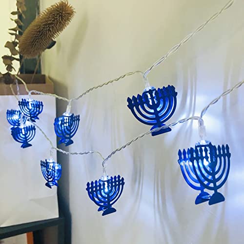 Riaxuebiy Chanukka Dekoration Lichterketten,Blau Davidstern,9 Zweige Menorah Lichterkette Batteriebetrieben für Innen Chanuka Hochzeit Weihnachts Dekoration (1.65m/10led, Menorah) von Riaxuebiy