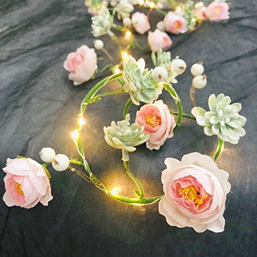 Riaxuebiy Künstliche Lichterkette mit Sukkulenten Rosen, batteriebetrieben, für Schlafzimmer, Valentinstag, Hochzeit, Party, Dekoration (Rosa) von Riaxuebiy