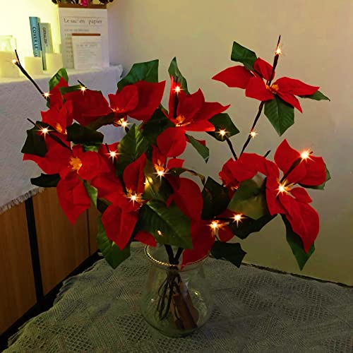 Riaxuebiy LED Zweig Lampe,Weihnachtssternblume Lichterzweige 20 LEDs Dekorative BaumLichter Lichterkette Licht Batteriebetrieben Warmweiß für Innen Außen Weihnachtstag Decoration (Poinsettia 2 Stück) von Riaxuebiy