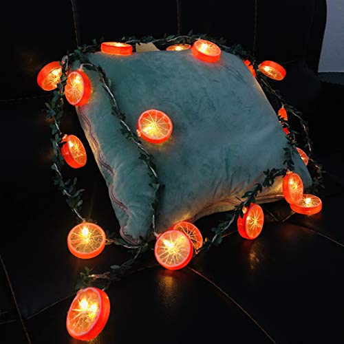 Riaxuebiy Simulation Frucht Zitrone Scheibe Grün Blätter Lichterketten Girlande Zitrone Fee Nachtlichter Kranz Angetrieben für Zuhause Hochzeitsfeier Garten Dekoration (2m/20LED, Orangenzitrone) von Riaxuebiy