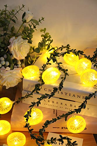 Riaxuebiy Simulation Zitrone Lichterkette Frucht Zitrone Scheibe Grün Blätter Lichterketten Girlande Zitrone Fee Nachtlichter Kranz Hängelampe Batterie Angetrieben (6m/40LED, Zitrone) von Riaxuebiy