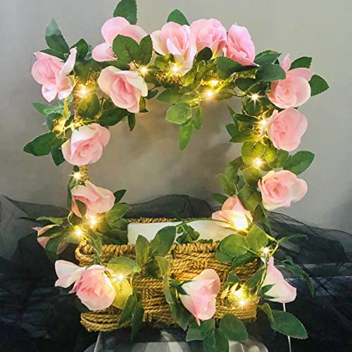 Rose Fee String-Lichter Künstliche Blume Girlande mit LED Kupfer Draht Licht-Saiten,Rose Rebe Lichter Dekor für Weihnachten Hochzeitsblumensträuße-Party-Hauptfenster (Batteriebetrieben, Rosa) von Riaxuebiy