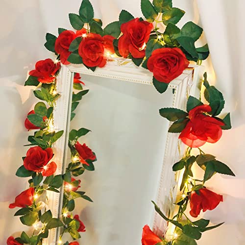 Rose Fee String-Lichter Künstliche Blume Girlande mit LED Kupfer Draht Licht-Saiten,Rose Rebe Lichter Dekor für Weihnachten Hochzeitsblumensträuße-Party-Hauptfenster (Batteriebetrieben, Rot) von Riaxuebiy