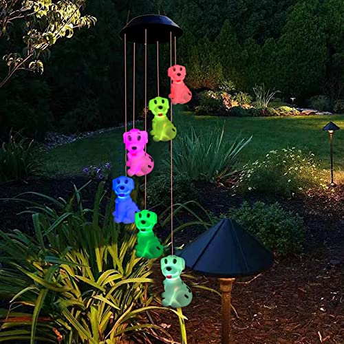 Solar Hund Windspiele Draußen Dekor Lamp, Farbveränderung Wasserdicht LED Hängelampen Windspiel, Tier Lichterkette für Patio Garden Yard Home Decoration (Fleckiger Hund) von Riaxuebiy