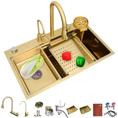 Ribanedy 75x45 Goldfarben Multifunktionales Wasserfall-Küchenspülbecken, 1 Becken Edelstahl moderne Einbauspüle mit herunterziehbarem Sprühkopf-Wasserhahn und Zubehör von Ribanedy