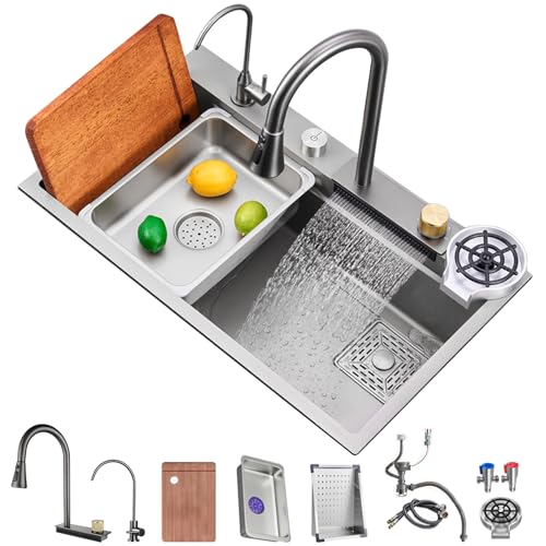 Ribanedy 75x45 Pistolengrau Multifunktionales Wasserfall-Küchenspülbecken, 1 Becken Edelstahl moderne Einbauspüle mit herunterziehbarem Sprühkopf-Wasserhahn und Zubehör von Ribanedy