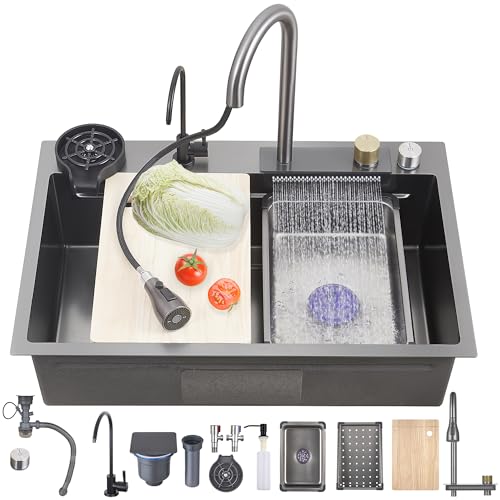 Ribanedy 85x45 Dunkelgrau Multifunktionales Wasserfall-Küchenspülbecken, 1 Becken Edelstahl moderne Einbauspüle mit herunterziehbarem Sprühkopf-Wasserhahn und Zubehör von Ribanedy