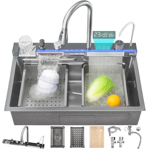 Ribanedy 90cm Smart Digital Display Wasserfall Spüle, 304 Edelstahl Moderne Küchenspüle mit 5 Wasserauslassmodi, Wasserfall Ausziehbarer Wasserhahn, Tassenwaschbecken und anderes Spülbeckenzubehör-Set von Ribanedy