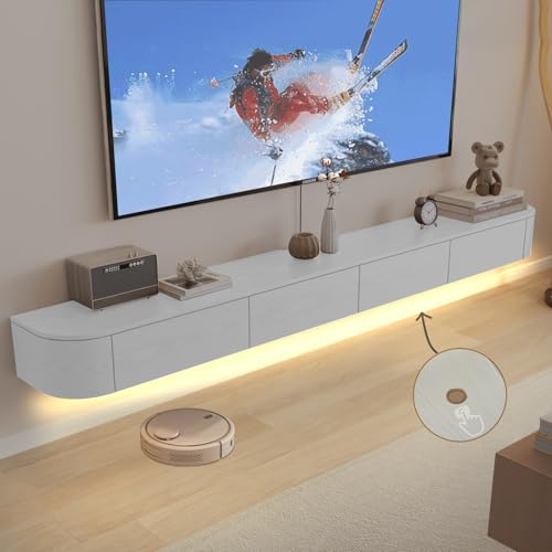 Ribanedy Massivholz Moderner Schwebender TV-Ständer mit LED-Beleuchtung | Wandmontierte Entertainment-Konsole mit Klapptüren | TV-Bank für Wohnzimmer & Büro (Weiß, 200 cm) von Ribanedy