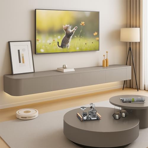 Ribanedy Modernes Schwebendes TV-Regal | Wandmontierte Unterhaltungsmedien-Konsole | Großes Aufbewahrungs-TV-Bank für Wohnzimmer & Büro (Khaki, 220cm) von Ribanedy