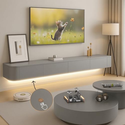 Ribanedy Modernes Schwebendes TV-Regal mit LED-Beleuchtung | Wandmontierte Unterhaltungsmedien-Konsole | Großes Aufbewahrungs-TV-Bank für Wohnzimmer & Büro (Grau, 140cm) von Ribanedy
