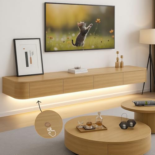 Ribanedy Modernes Schwebendes TV-Regal mit LED-Beleuchtung | Wandmontierte Unterhaltungsmedien-Konsole | Großes Aufbewahrungs-TV-Bank für Wohnzimmer & Büro (Holzfarbe, 140cm) von Ribanedy