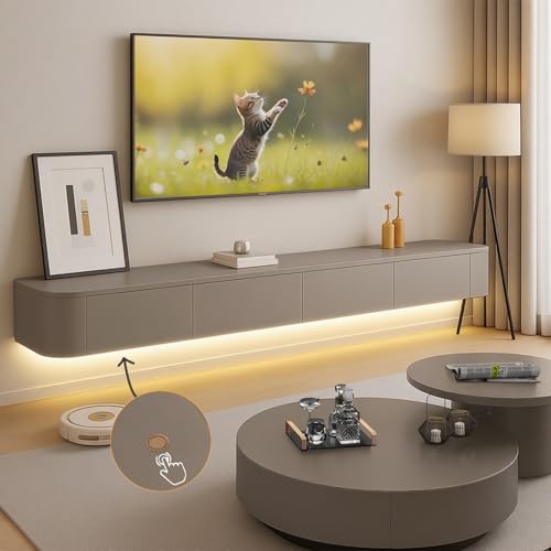 Ribanedy Modernes Schwebendes TV-Regal mit LED-Beleuchtung | Wandmontierte Unterhaltungsmedien-Konsole | Großes Aufbewahrungs-TV-Bank für Wohnzimmer & Büro (Khaki, 220cm) von Ribanedy