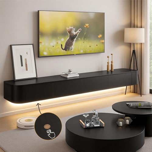 Ribanedy Modernes Schwebendes TV-Regal mit LED-Beleuchtung | Wandmontierte Unterhaltungsmedien-Konsole | Großes Aufbewahrungs-TV-Bank für Wohnzimmer & Büro (Schwarz, 120cm) von Ribanedy