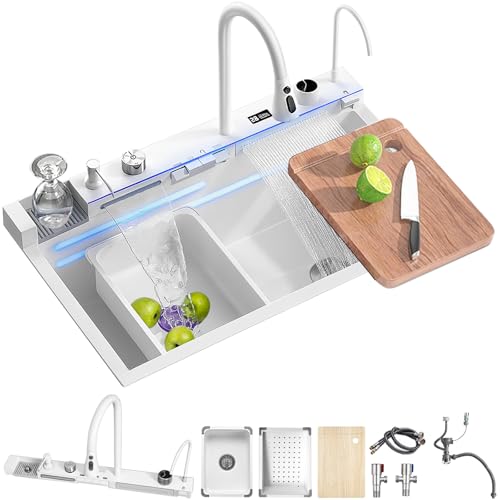Ribanedy Multifunktionale Digitale Küchenspüle, Wasserfallspüle aus Edelstahl 304, mit 5 Wasserauslassmodi, Wasserfall-Ausziehhahn, Tassenspüler und weiterem Spülbecken-Zubehörset（85 X 46 cm） von Ribanedy