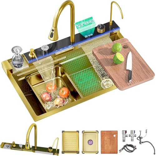 Ribanedy Multifunktionale Digitale Küchenspüle, Wasserfallspüle aus Edelstahl 304, mit 5 Wasserauslassmodi, Wasserfall-Ausziehhahn, Tassenspüler und weiterem Spülbecken-Zubehörset（85 X 46 cm） von Ribanedy