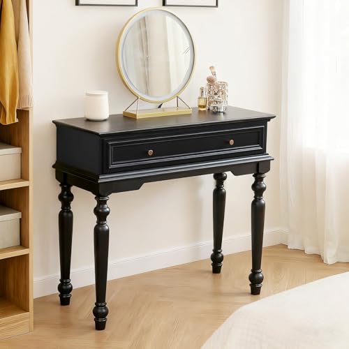 Ribanedy Schwarz Schminktisch mit Schublade, Eleganter Frisiertisch mit Klassischen gedrechselten Beinen, Kleiner Schreibtisch für Schlafzimmer, Ankleidezimmer oder Wohnzimmer (Schwarz, 90cm) von Ribanedy
