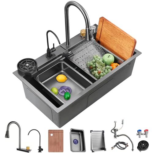 Ribanedy Schwarze Nano-küchenspüle 304 Edelstahl-Wasserfallspüle Einschalen-Arbeitsplatz-küchenspülen mit Multifunktions-Top-Mount-Wasserfall-Wasserhahn (Schwarz, 68 x 45 cm) von Ribanedy