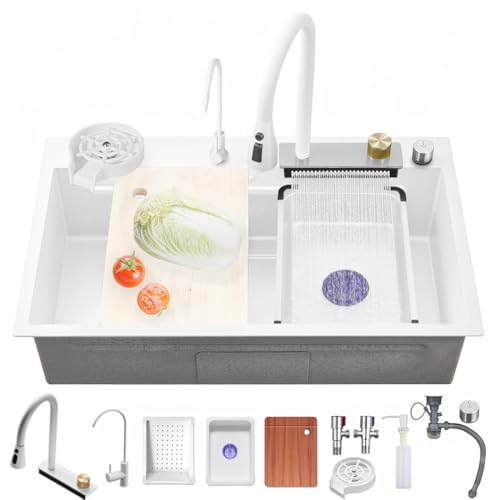 Ribanedy Weiß Multifunktionale Wasserfall-Küchenspüle 75 x 45 cm, einbeckige moderne Edelstahlspüle mit ausziehbarem Sprühhahn, Tassenspüler und Zubehörset von Ribanedy