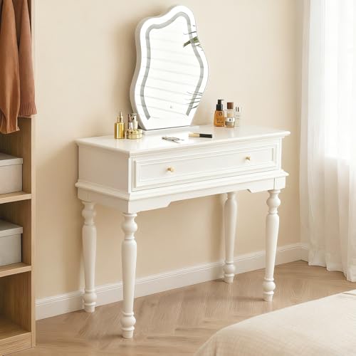 Ribanedy Weißer Schminktisch mit Schublade, Eleganter Frisiertisch mit Klassischen gedrechselten Beinen, Kleiner Schreibtisch für Schlafzimmer, Ankleidezimmer oder Wohnzimmer (Weiß, 90cm) von Ribanedy