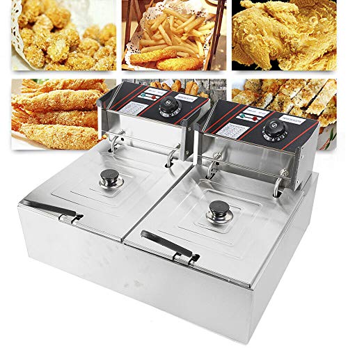 5000W Profi Gastronomie Doppel Kaltzonen Fritteuse, 12L Edelstahl Doppelzylinder Elektrische Friteuse Fettbackgerät Bratpfanne für catering Restaurants Supermarkt-Snackbars und Zuhause von RibasuBB