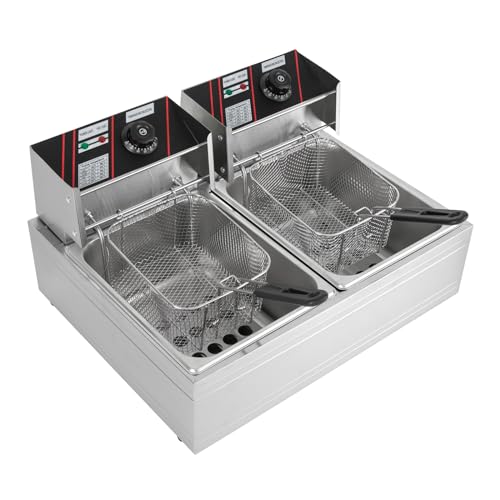 5000W Profi Gastronomie Doppel Kaltzonen Fritteuse, 12L Edelstahl Doppelzylinder Elektrische Friteuse Fettbackgerät Bratpfanne für catering Restaurants Supermarkt-Snackbars und Zuhause von RibasuBB