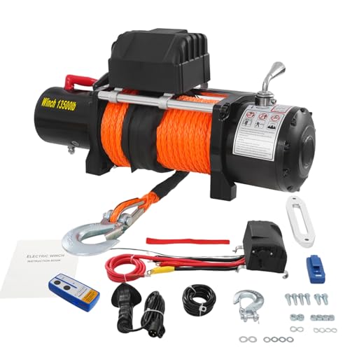 Elektrische Seilwinde 12V mit Fernbedienung, Elektrischer Winde mit Sperrfunktion, Elektrischer Winde für ATV, UTV, SUV, Pickup und Geländefahrzeuge (13500LB, Rot) von RibasuBB