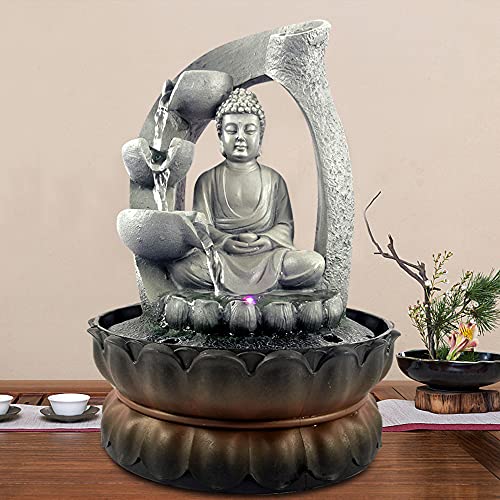 Brunnen aus Polyresin, Zimmerbrunnen Buddha Brunnen Wasserspiel Harz mit LED-Beleuchtung 28cm Dekoration für den Innenbereich Beleuchtung Brunnen von RibasuBB