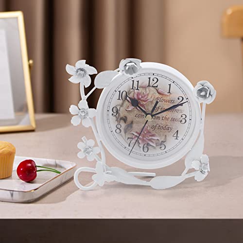 RibasuBB Wecker Schreibtischuhr Schlafzimmeruhr Einfache Retro Rustikale Romantische Wecker Nostalgie Clock Wohnzimmer Weiße Blume Desk von RibasuBB