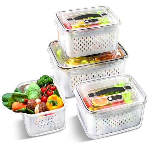 Ribech Frischhaltedosen mit Deckel Sieb tragbar, 4 Set Kunststoff Kühlschrank Organizer Obst Gemüse Salat Aufbewahrung, Frischhalteboxen mit Abtropfgitter von Ribech