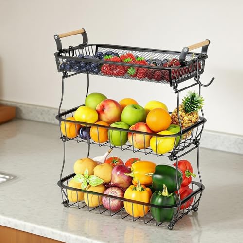 Ribech Obstkorb mit 3 Ebenen und 2 Aufhängern für die Küchenarbeitsplatte im Wohnzimmer, Metallkorb mit großem Fassungsvermögen für Zwiebeln, Snacks, Schwarz von Ribech