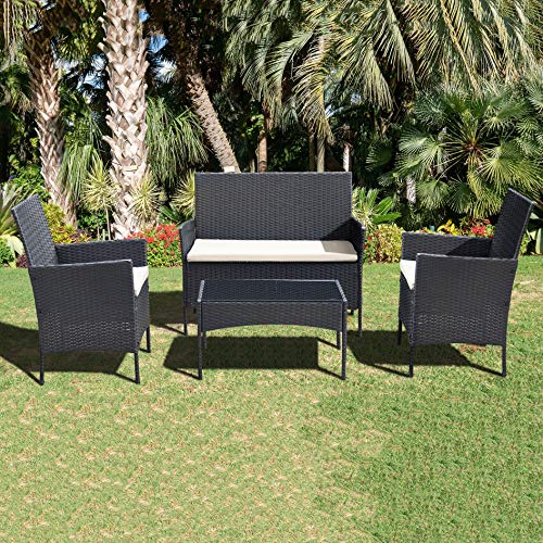 Ribelli 4-teiliges Gartenmöbel Set, Lounge Set, cremefarbenen Kissen – aus PE-Rattan – Tisch Plus Zwei Stühle und 1er Bank – praktisch zu verstauen (4 TLG. schwarz/Cream) von Ribelli