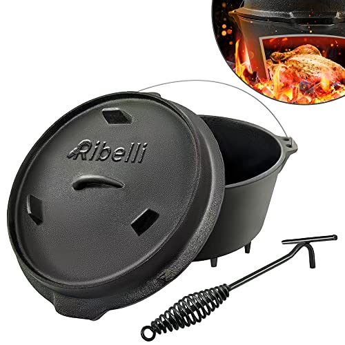 Ribelli BBQ Dutch Oven mit Füße [ca. 9,5 Liter], Feuertopf aus schwarzem Gusseisen, Kochtopf Bräter mit Henkel, Bereits Eingebrannt, Grilltopf mit Deckelheber von Ribelli