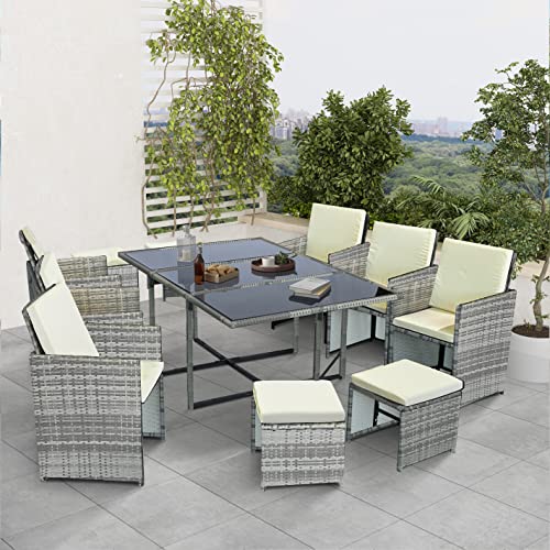 Ribelli Gartenmöbel Set 11-Teilig, Balkonmöbel aus Polyrattan, Wetterfest Terassenmöbel, Sitzgruppe, Sitzgarnitur mit Esstisch, Kissen, Hocker, Stapelbar, für Rasen, Terrasse, Balkon, Garten, Grau von Ribelli