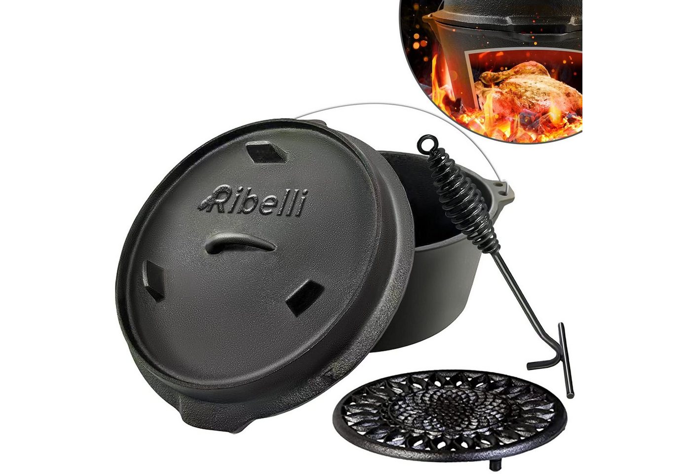 Ribelli Grilltopf Dutch oven,schwarz, 9,5L, mit Greifhaken von Ribelli