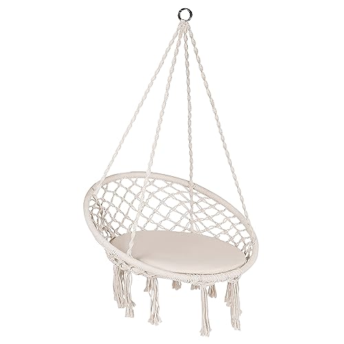 Ribelli Hängesessel mit Kissen und Halteseilen, Ø62 cm Hängestuhl zum Aufhängen für Erwachsene & Kinder bis 110 kg Belastbar, Indoor & Outdoor Hängeschaukel mit Gestell, Beige 500491 von Ribelli