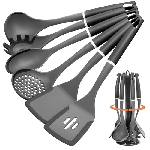 Ribelli Küchenutensilien Set, 6-Teiliges Silikon Küchenhelfer Kochlöffel Set, Hitzebeständig Küchenzubehör mit Ständer, Antihaft Küchenset, Spülmaschinenfest, Shwarz von Ribelli