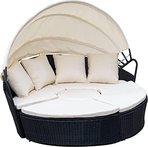 Ribelli Polyrattan Sonneninsel mit Faltbarem Sonnendach, Outdoor Gartenmöbel, Balkonmöbel, Wetterfest Sitzgruppe, Sonnenliege mit Sitz- und Rückenkissen, für Rasen, Terrasse, Balkon, Garten, Schwarz von Ribelli