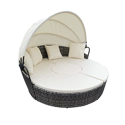 Ribelli Polyrattan Sonneninsel mit Faltbarem Sonnendach, Outdoor Gartenmöbel, Balkonmöbel, Wetterfest Sitzgruppe, Sonnenliege mit Sitz- und Rückenkissen, für Rasen, Terrasse, Balkon, Garten, Grau von Ribelli