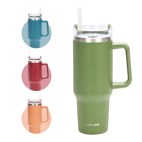 Ribelli Trinkflasche mit Strohhalm 1200ml - Thermobecher mit Griff, Trinkbecher mit Deckel, Doppelwandiger Thermosflasche aus Edelstahl, Auslaufsicher Trinkbecher für Wasser, Kaffee, Eistee, Grün von Ribelli