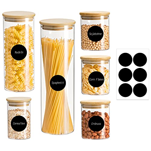 Ribelli Vorratsdosen Glas mit Deckel 6 Stück Set - 300 ml (3 Stück), 500 ml, 1000 ml, 2100 ml - Luftdichter Gewürzgläser für Pasta, Spaghetti, Müsli, Bohnen - Spülmaschinenfest von Ribelli