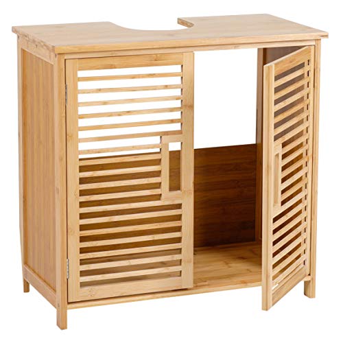 Ribelli Waschbeckenunterschrank Bambus ca. 60 x 58 x 30 cm, Badezimmerschrank mit Siphonausschnitt, Waschtisch unterschrank Aufbewahrungsschrank mit 2 Türen von Ribelli