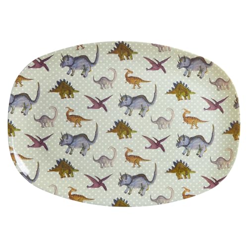 Rice Kinderteller Teller aus Melamin groß rechteckig - graublau - New Dino Print von Rice