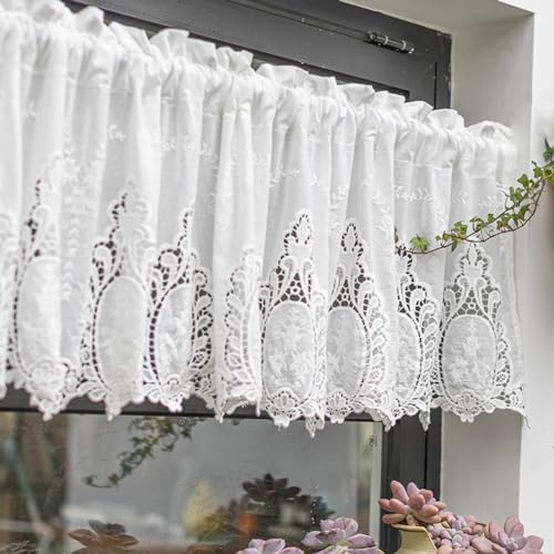 Ricemru Barock Scheibengardinen Kurzstores Landhausstil Vintage Kurz Weiß Halbtransparent Hohlstickerei Blumen Baumwolle Bistrogardinen Kurzvorhang Halb Gardinen Fenster Wohnzimmer Küche von Ricemru