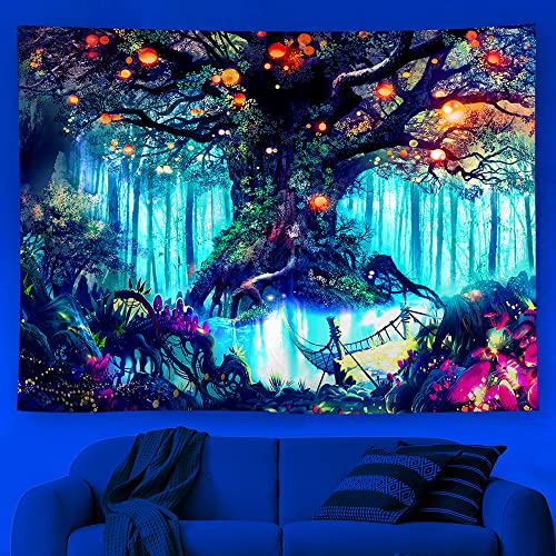 Ricemru Baum des Lebens Wandteppich Psychedelic Wald Nacht 200x150 Fluoreszierend Wandtuch Wandtücher Fantasy Tree Forest Wandbehang Tapestry Wanddeko Home Décor von Ricemru