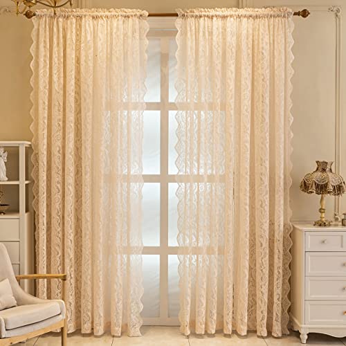 Ricemru Beige Spitzenvorhang Vintage Spitze Vorhang Transparent Barock Blumenmuster Boho Vorhänge Gardinen Lichtdurchlässig Gardine Dekoschal Fensterschal für Wohnzimmer Schlafzimmer,2 Stück 140x225 von Ricemru