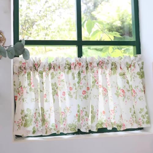 Ricemru Blumen Scheibengardinen Landhausstil Kurz Rosemuster Garten Botanische Küchengardine Bistrogardine Kurzstore Gardine Kleine Fenstervorhang Türvorhang für Schlafzimmer,100x40cm von Ricemru
