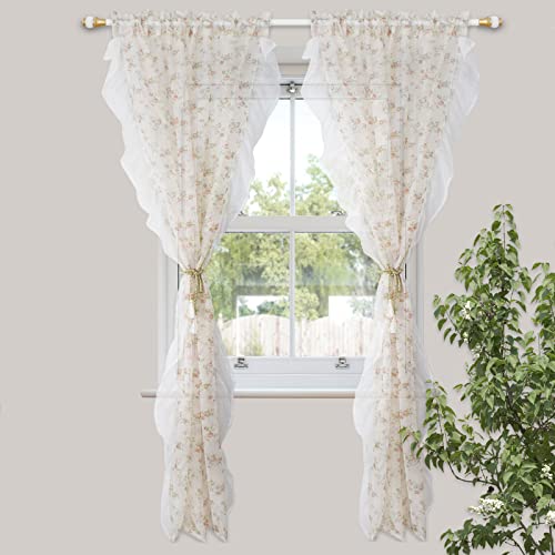 Ricemru Boho Blumen Gardinen Transparent Rosa Muster Rüschen mit Stangendurchzug Vintage Landhaus Voile Vorhang Lichtdurchlässig Romantisch Fenstervorhang Dekoschal 2er Set Wohnzimmer,132x244cm von Ricemru