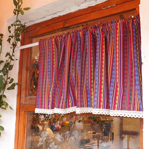 Ricemru Boho Bunt Scheibengardine Blickdicht 100cm Hoch mit Häkelkante Ethno Azteken Kurzstores Gardinen Bistrogardine Landhaus Verdunkelnd Kurzvorhang Fensterschal,140x50 von Ricemru